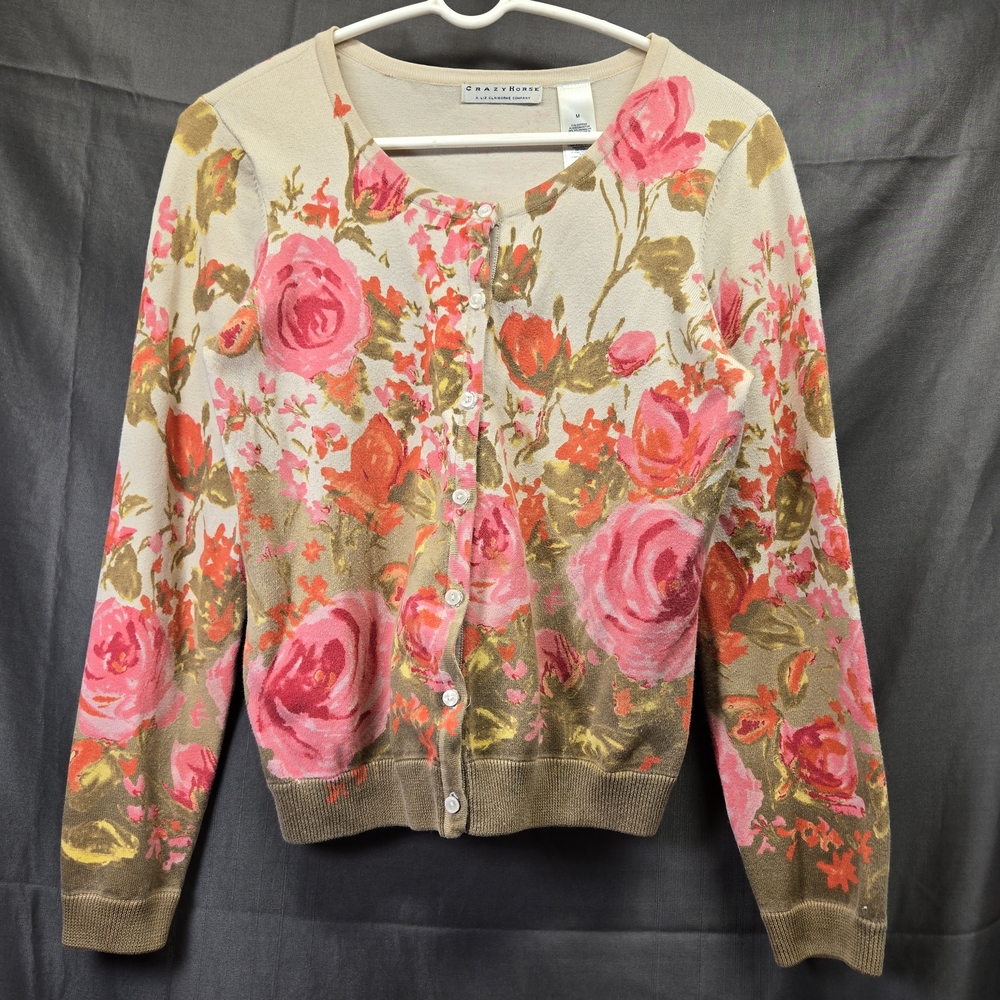 Charter Club Floral Crewneck Cardigan - Pink Rose Print on Cream Medium